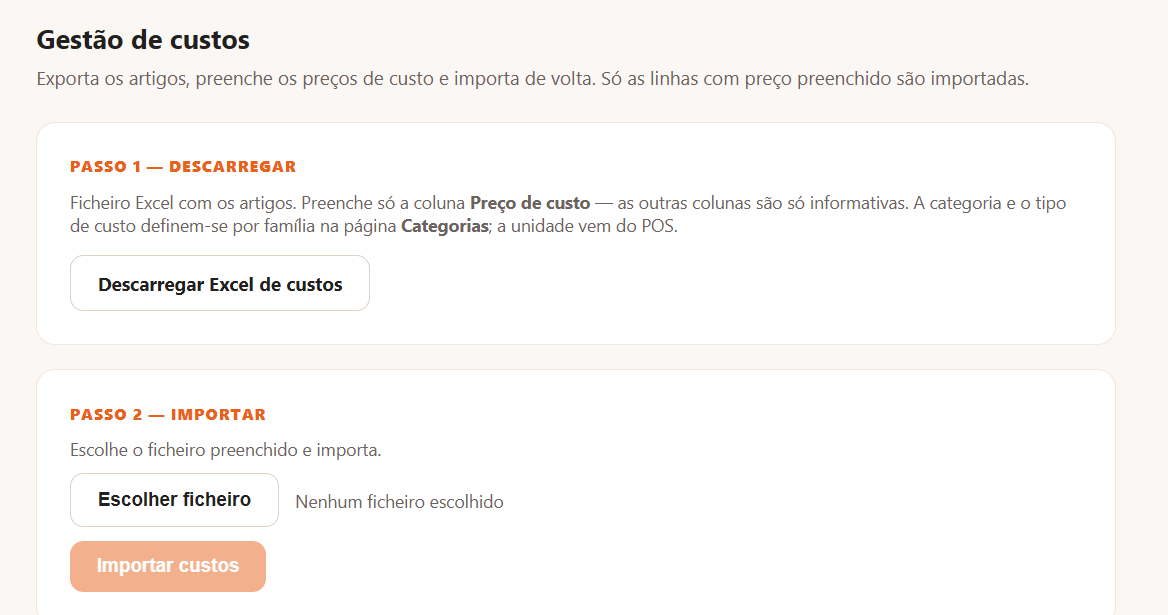 Gestão de custos: exportar e importar preços por Excel